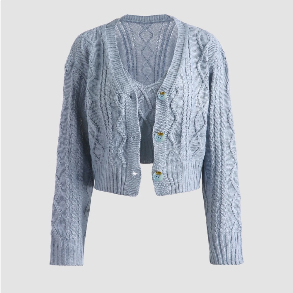 Cable knit tank top and cardigan combo.